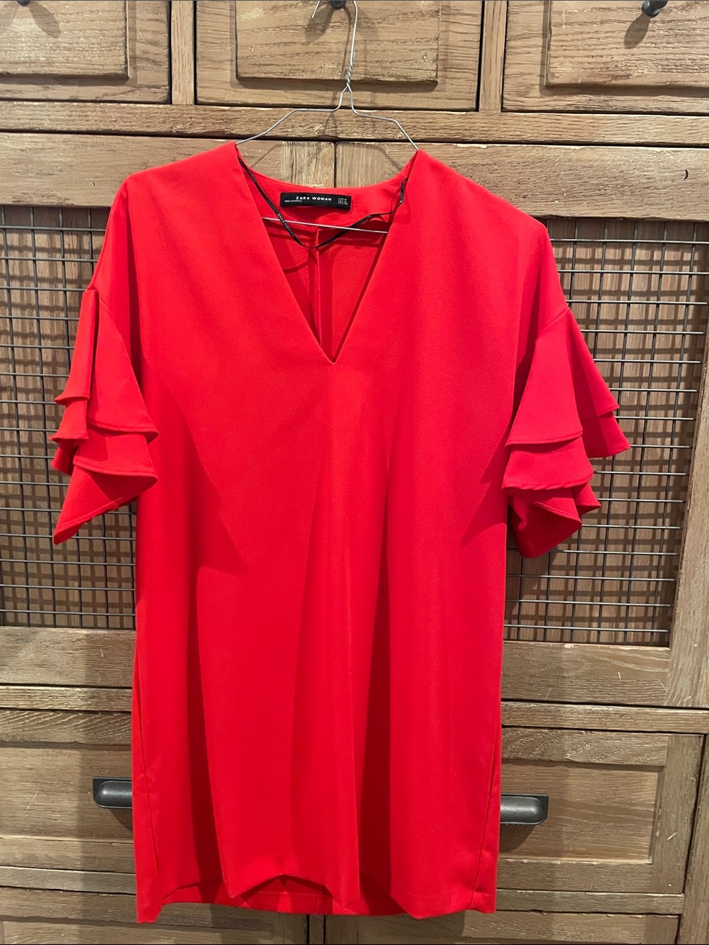 Zara Bright Red V-Neck Ruffle Sleeve mini dress